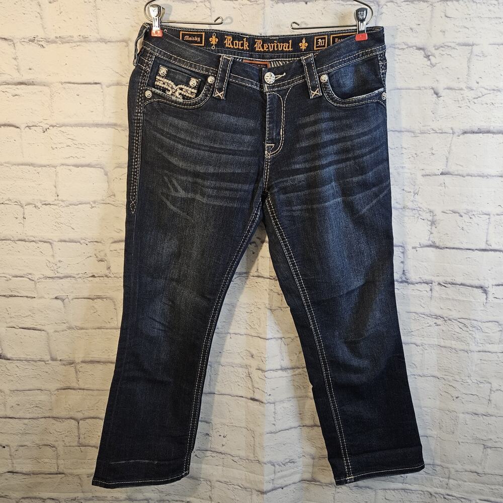 Rock Revival Jeans Womens 30 Blue Easy Capri Maisky Denim Rhinestone Embroidered